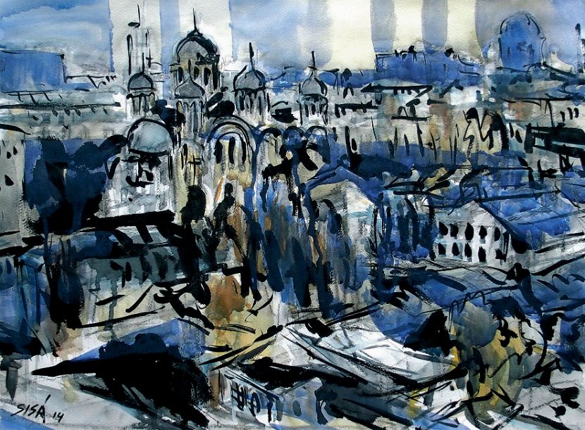 HÖHLENKLOSTER IN KIEW, Aquarell - Tusche, 50 x 64 cm